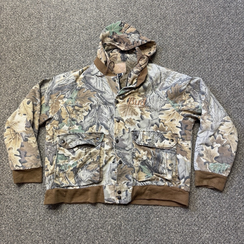BUD King of Beers Wells Creek Mossy Oak Advantage Hunting Camo Jacket Mens XL